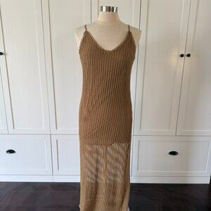 Mustard Seed Crochet Knit Mini Dress - Sheer Taupe Spaghetti Strap Cover Up